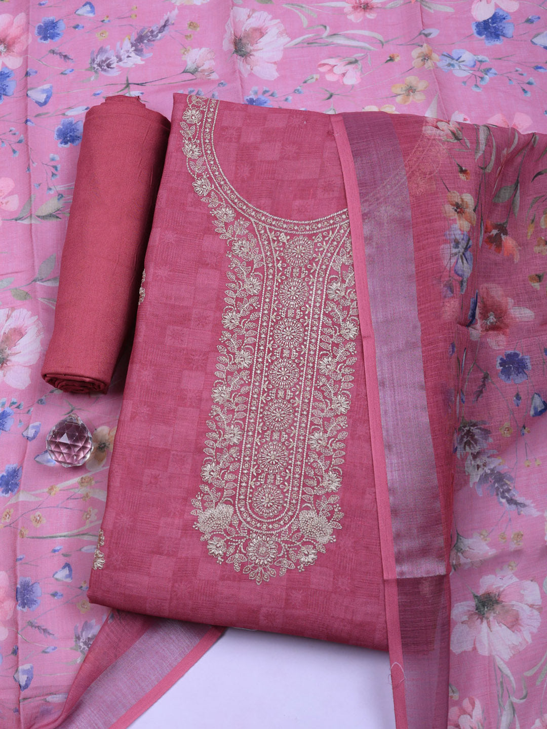 Embroidered Linen Blend Unstitched Suit With Pant &amp; Dupatta