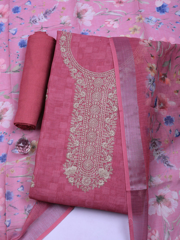 Embroidered Linen Blend Unstitched Suit With Pant &amp; Dupatta