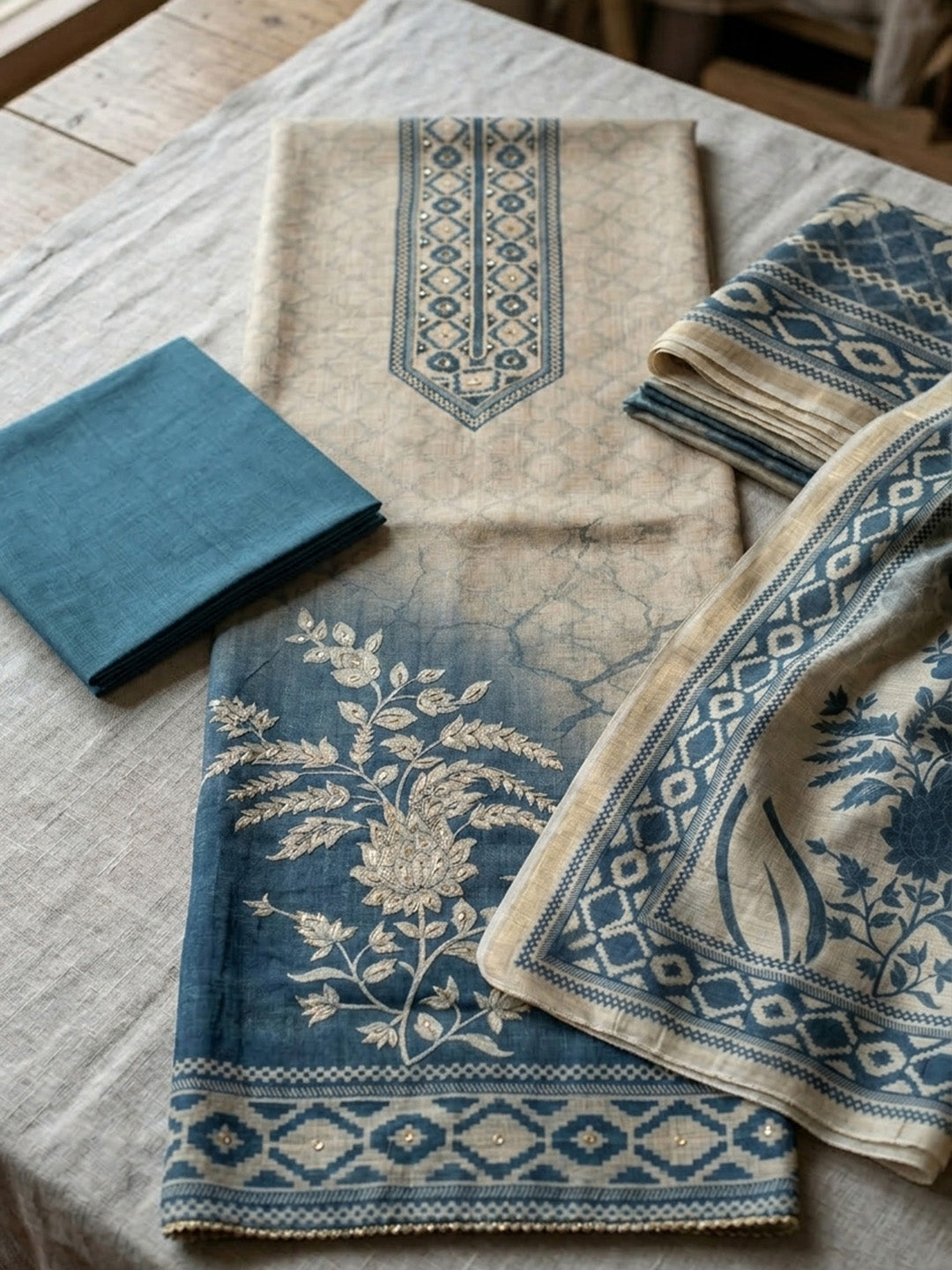 Embroidered Chanderi Unstitched Suit With Pant &amp; Dupatta