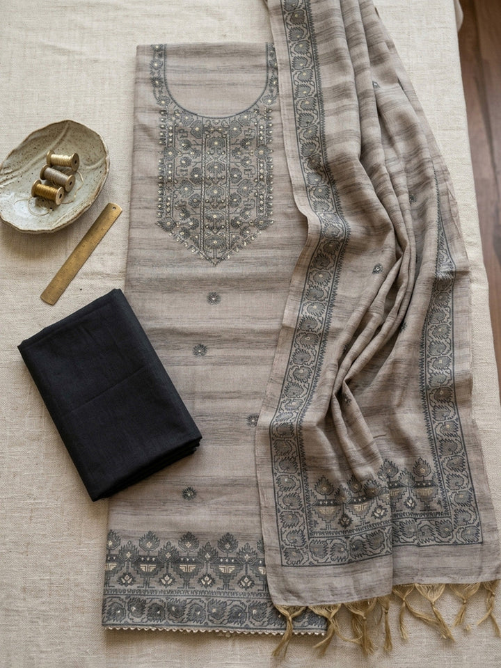 Embroidered Chanderi Unstitched Suit With Pant &amp; Dupatta