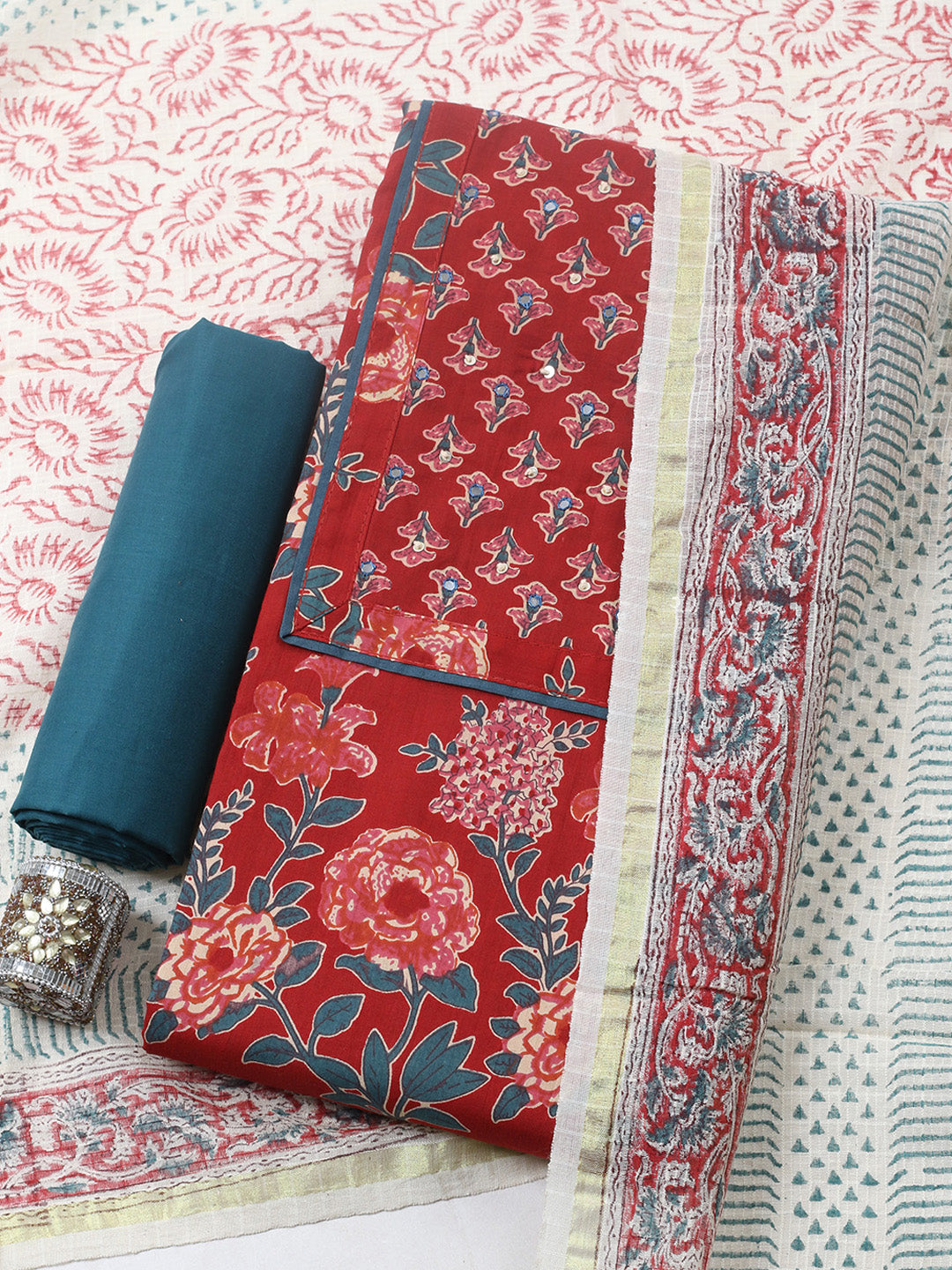 Printed Cotton Blend Unstitched Suit With Pant &amp; Dupatta