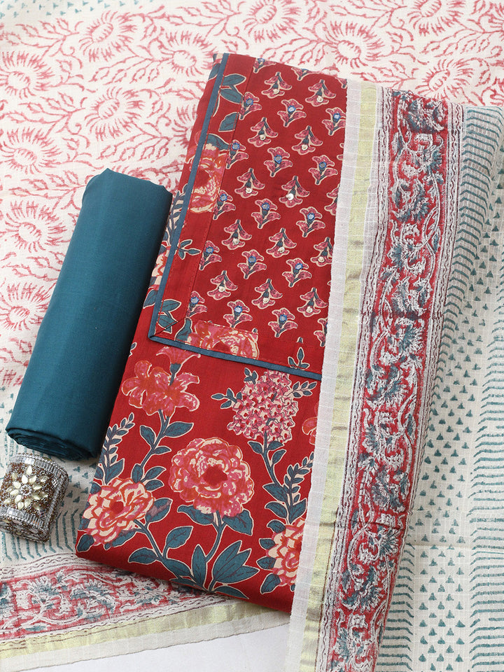 Printed Cotton Blend Unstitched Suit With Pant &amp; Dupatta