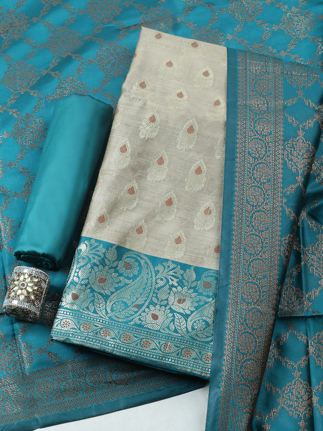 Woven Design Chanderi Unstitched Suit With Pant &amp; Dupatta