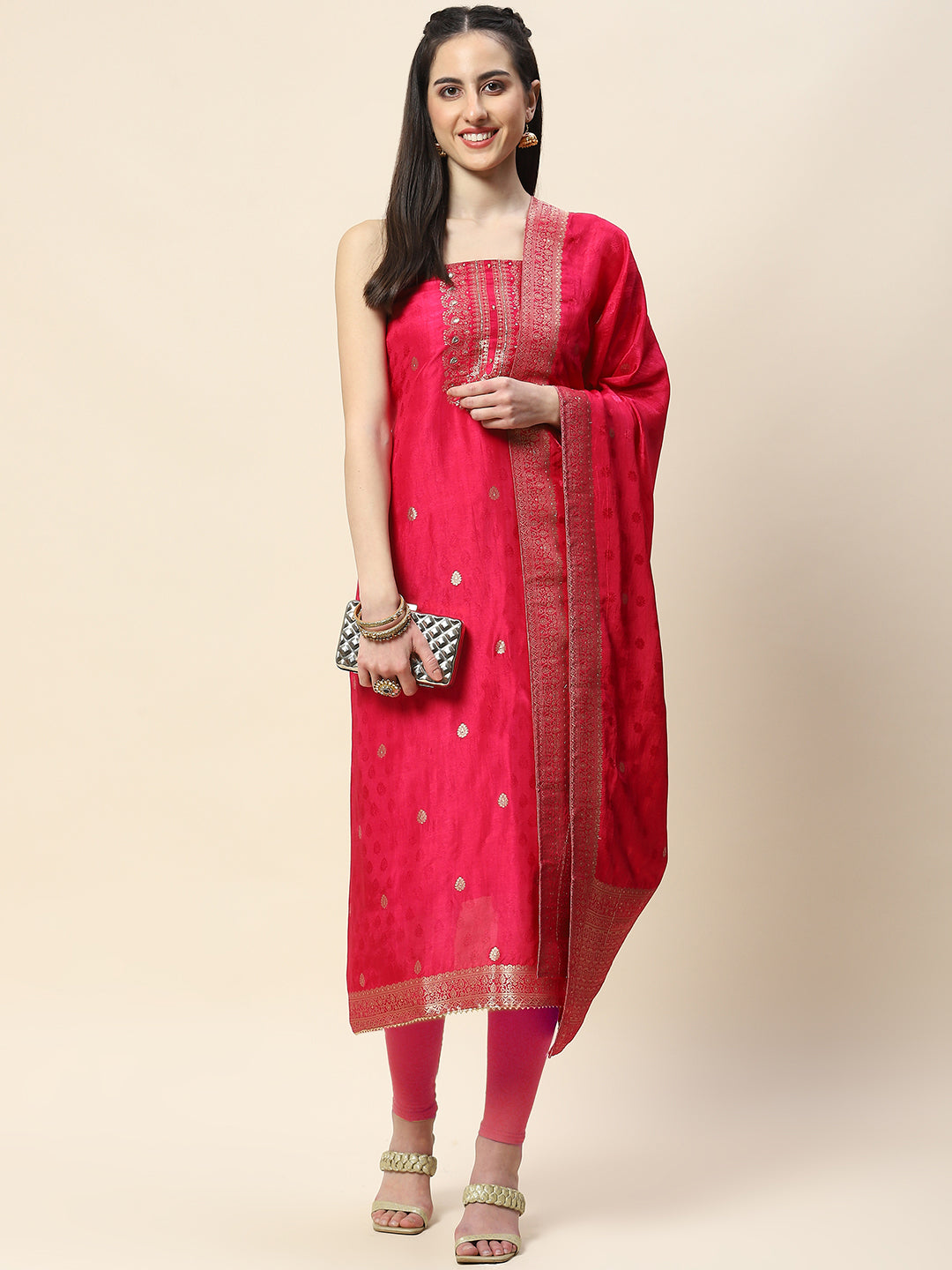 Neck Embroidery Chanderi Unstitched Suit Piece With Dupatta