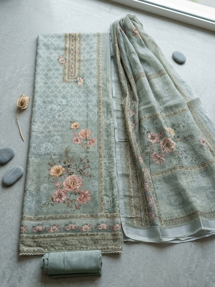 Printed Linen Blend Unstitched Suit With Pant &amp; Dupatta
