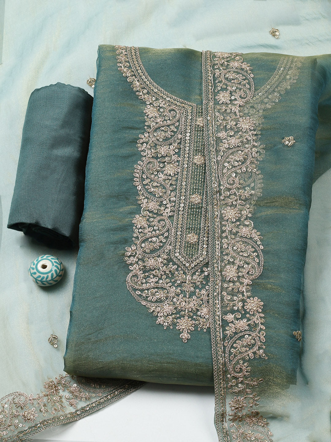 Embroidered Tissue Unstitched Suit With Pant &amp; Dupatta