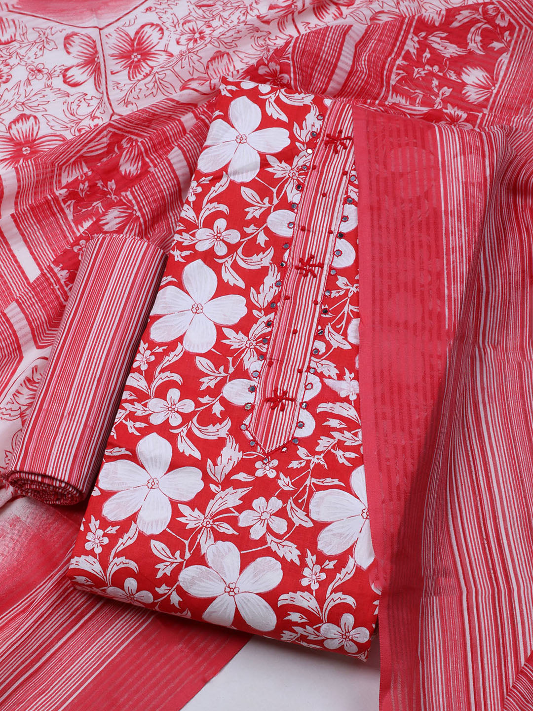 Floral Printed Cotton Blend Unstitched Suit With Dupatta