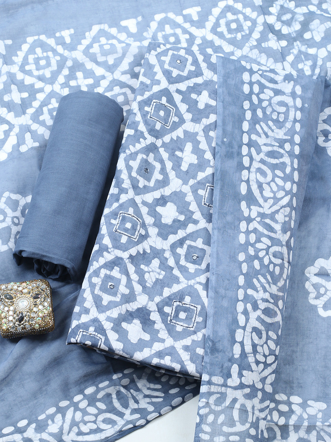 Printed Cotton Blend Unstitched Suit With Pant &amp; Dupatta