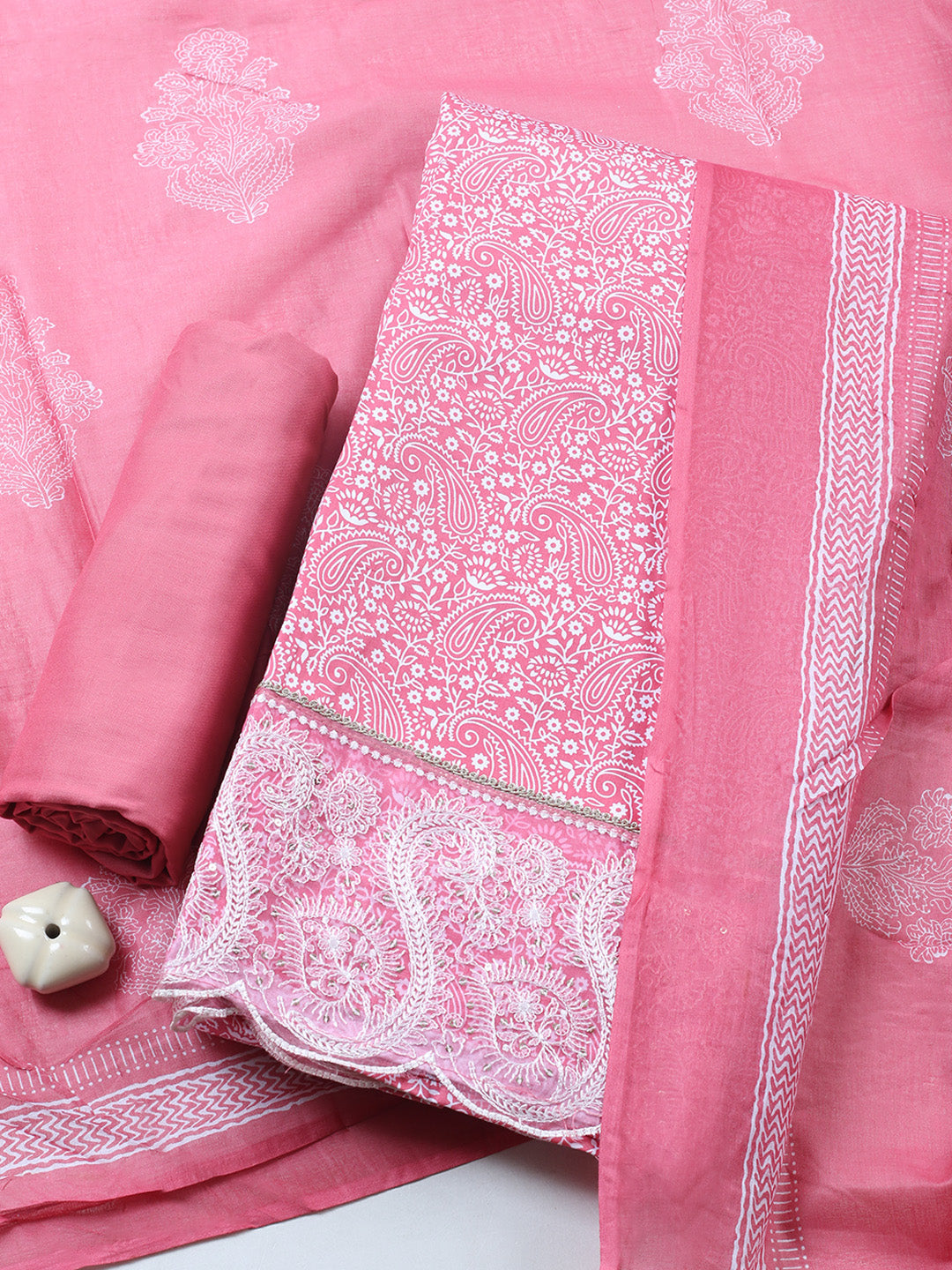 Printed Cotton Blend Unstitched Suit With Pant &amp; Dupatta