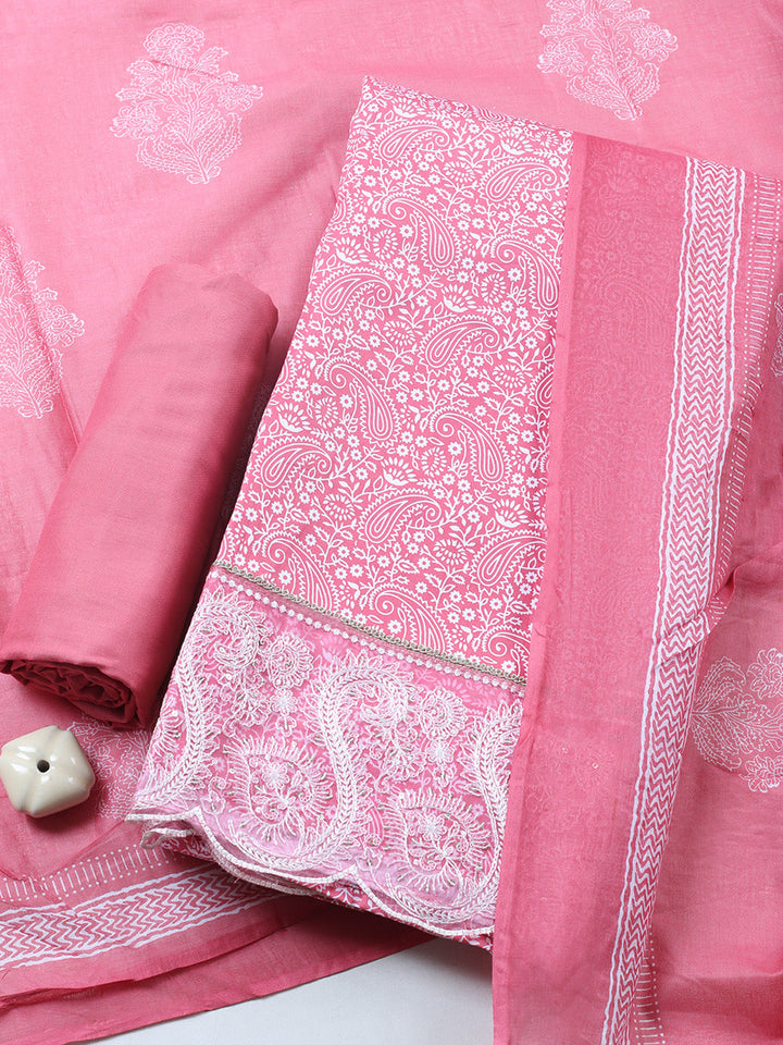 Printed Cotton Blend Unstitched Suit With Pant &amp; Dupatta