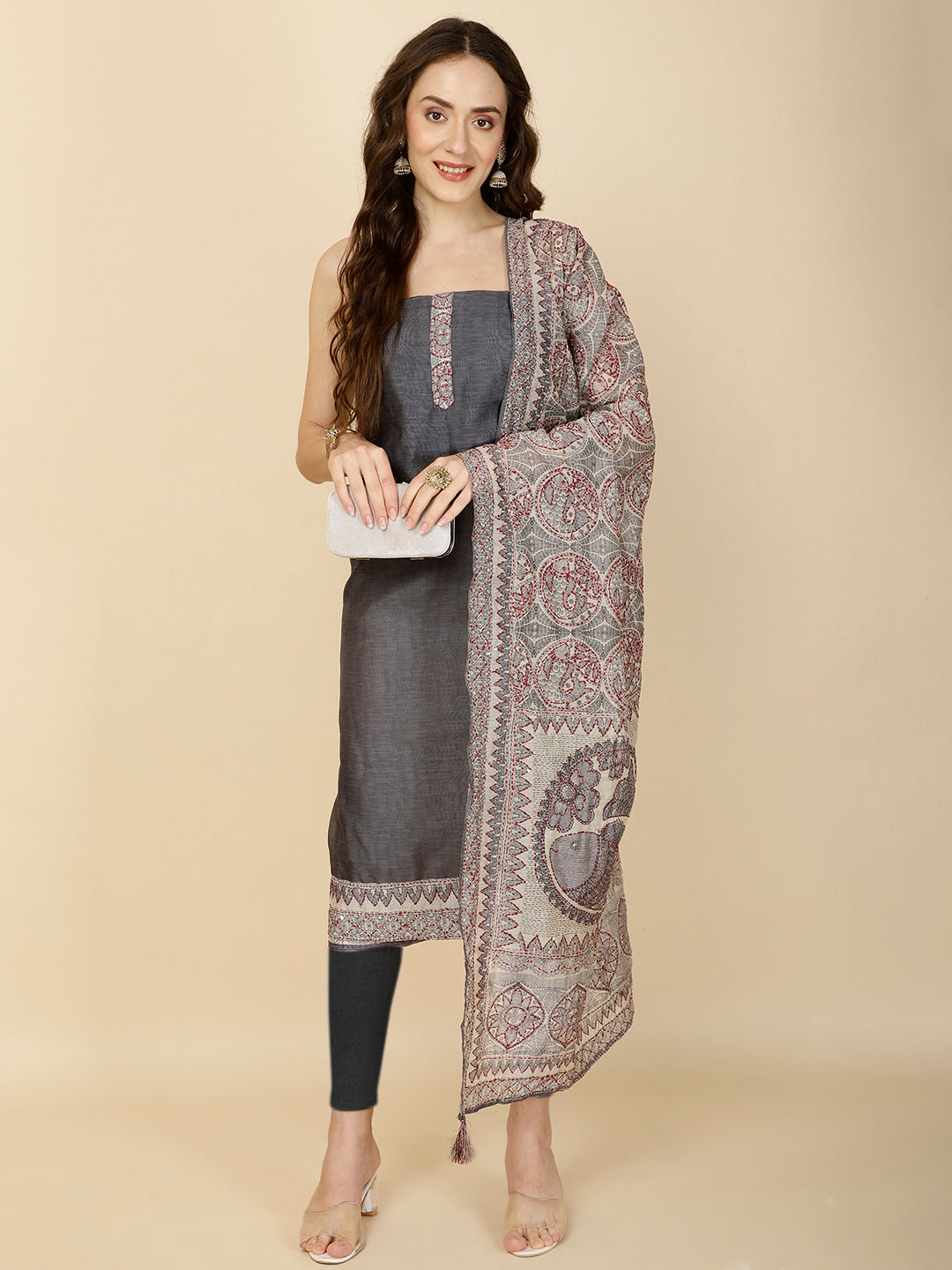 Kantha Embroidery & Printed Chanderi Unstitched Suit Piece With Dupatta