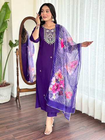 Resham Embroidery Chanderi Kurta With Pants & Dupatta