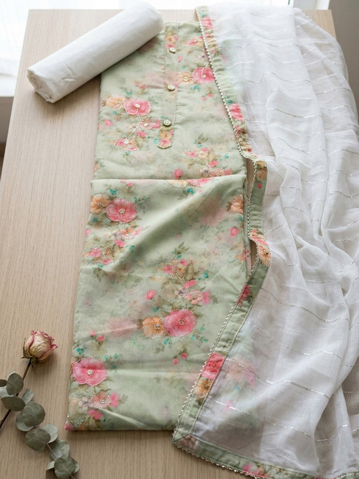 Printed Chanderi Unstitched Suit With Pant &amp; Dupatta