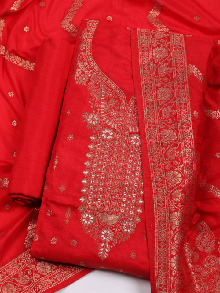 Neck Embroidered Chanderi Unstitched Suit With Dupatta