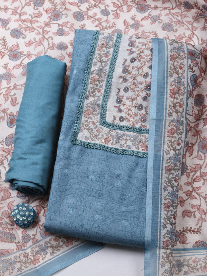 Embroidered Cotton Blend Unstitched Suit With Pant &amp; Dupatta