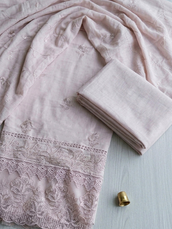 Embroidered Cotton Blend Unstitched Suit With Pant &amp; Dupatta