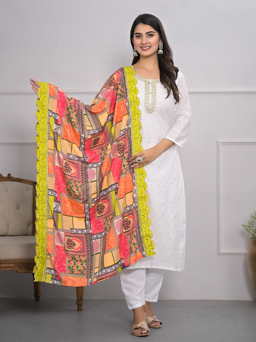 Neck Embroidery Cotton Blend Kurta With Pants &amp; Dupatta