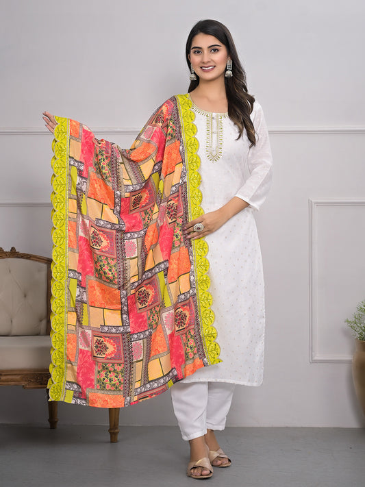 Neck Embroidery Cotton Blend Kurta With Pants & Dupatta