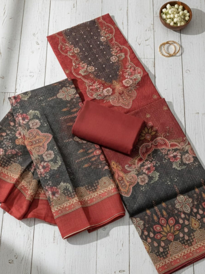 Embroidered Chanderi Unstitched Suit With Pant &amp; Dupatta