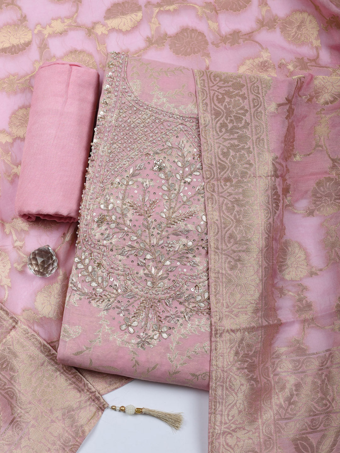 Embroidered Chanderi Unstitched Suit With Pant &amp; Dupatta