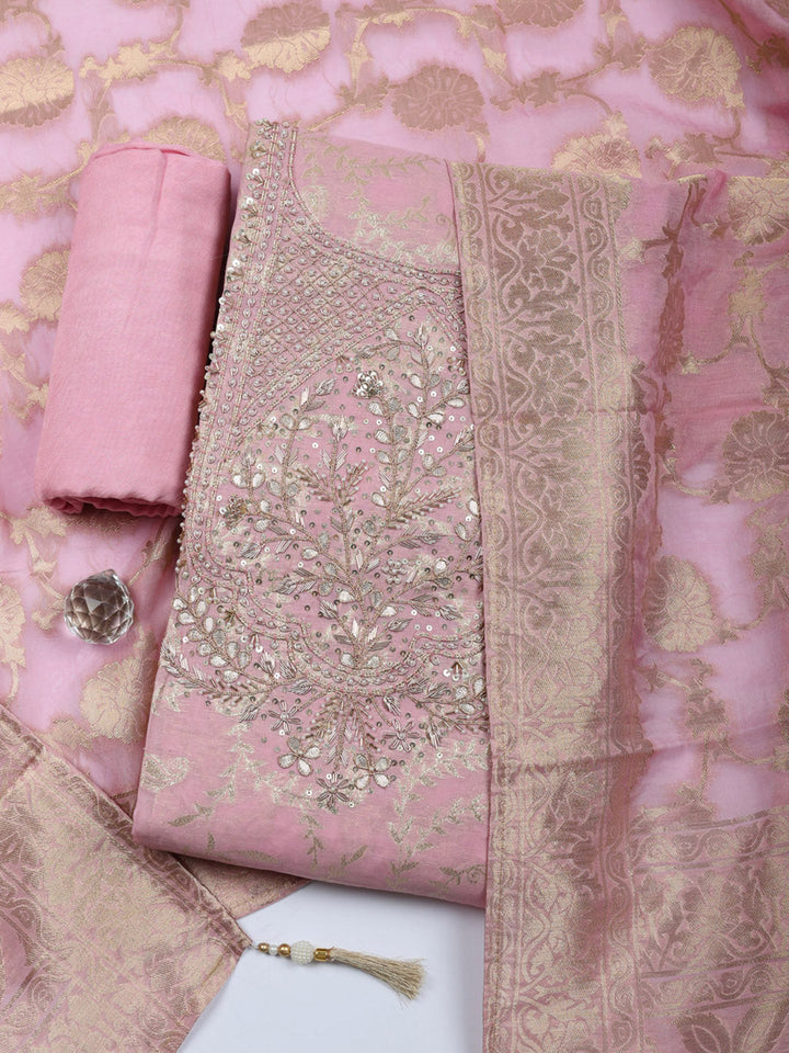 Embroidered Chanderi Unstitched Suit With Pant &amp; Dupatta