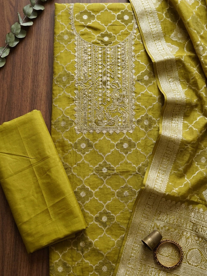 Embroidered Chanderi Unstitched Suit With Pant &amp; Dupatta