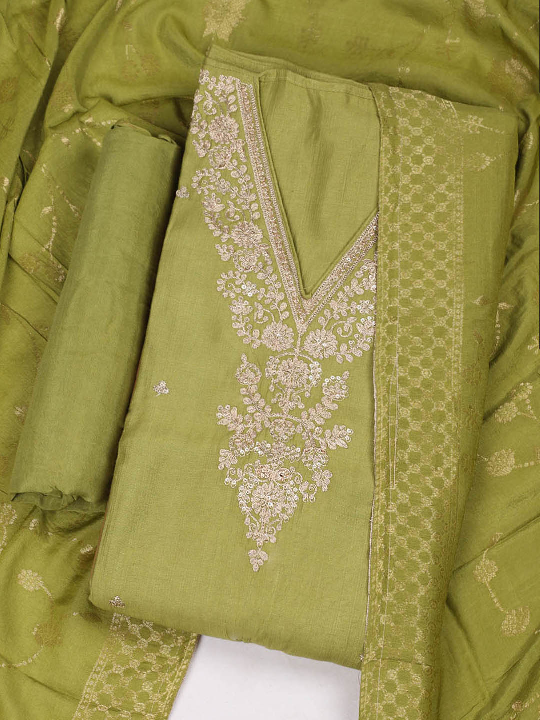Embroidered Chanderi Unstitched Suit With Pant &amp; Dupatta