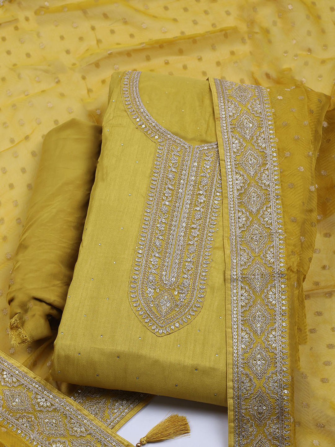 Neck Embroidered Chanderi Unstitched Suit With Dupatta