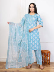 Embroidered Cotton Blend Kurta With Pant & Dupatta