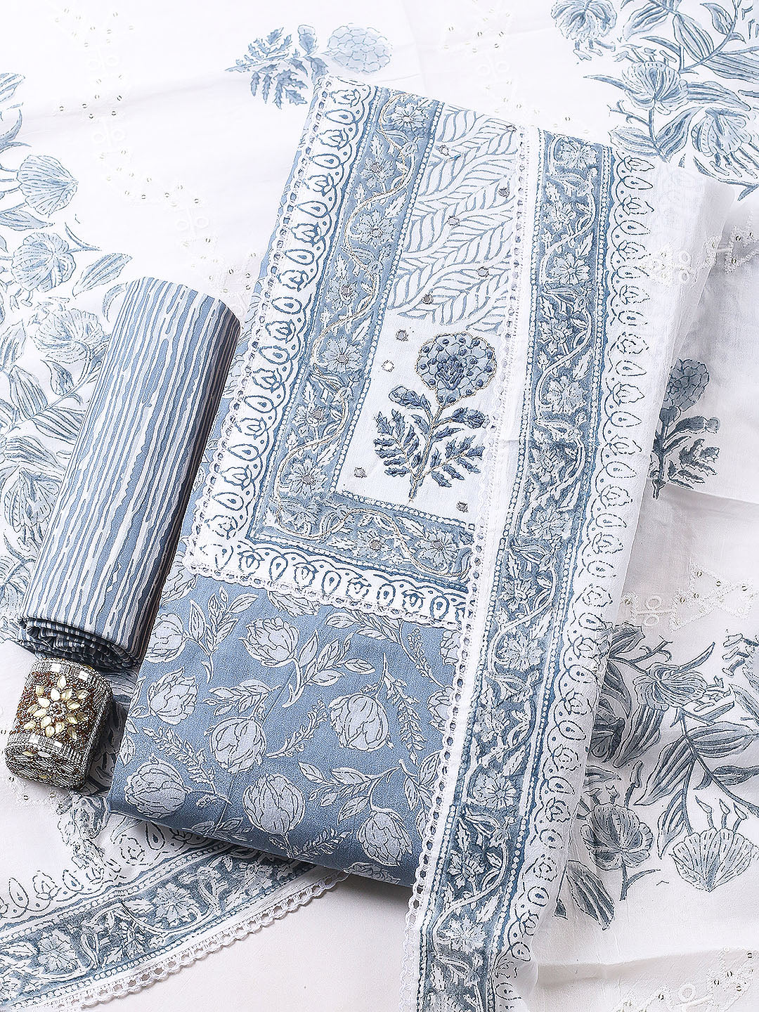 Embroidered Cotton Blend Unstitched Suit With Pant &amp; Dupatta