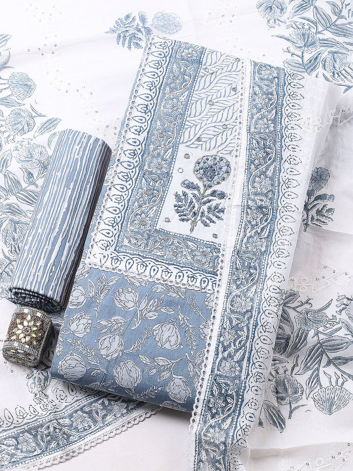 Embroidered Cotton Blend Unstitched Suit With Pant &amp; Dupatta
