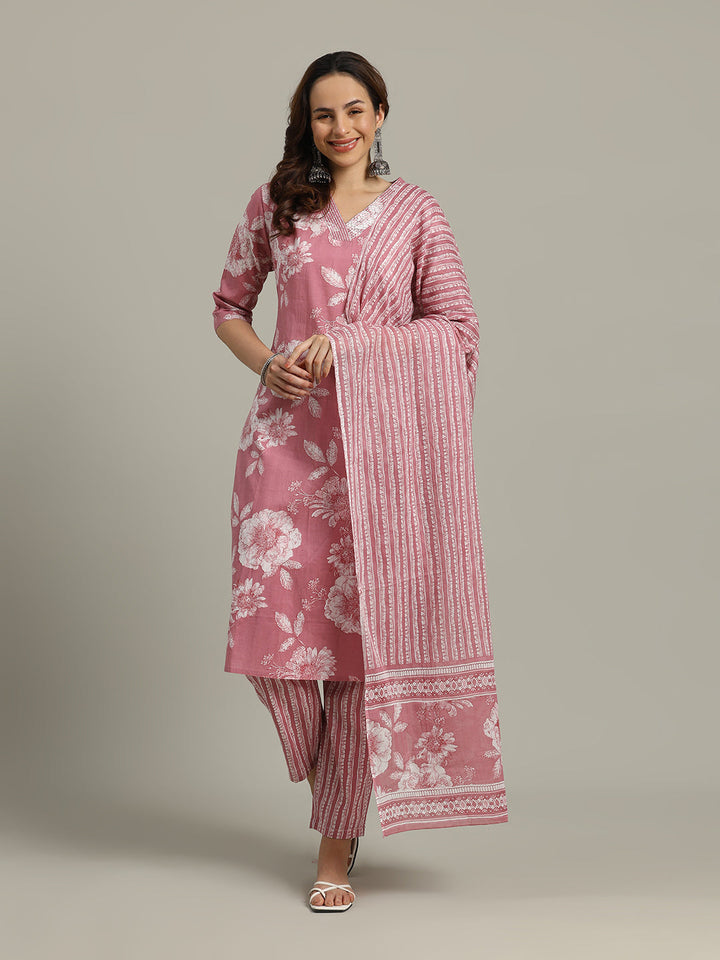 Floral Parinted Cotton Blend Kurta With Pants &amp; Dupatta