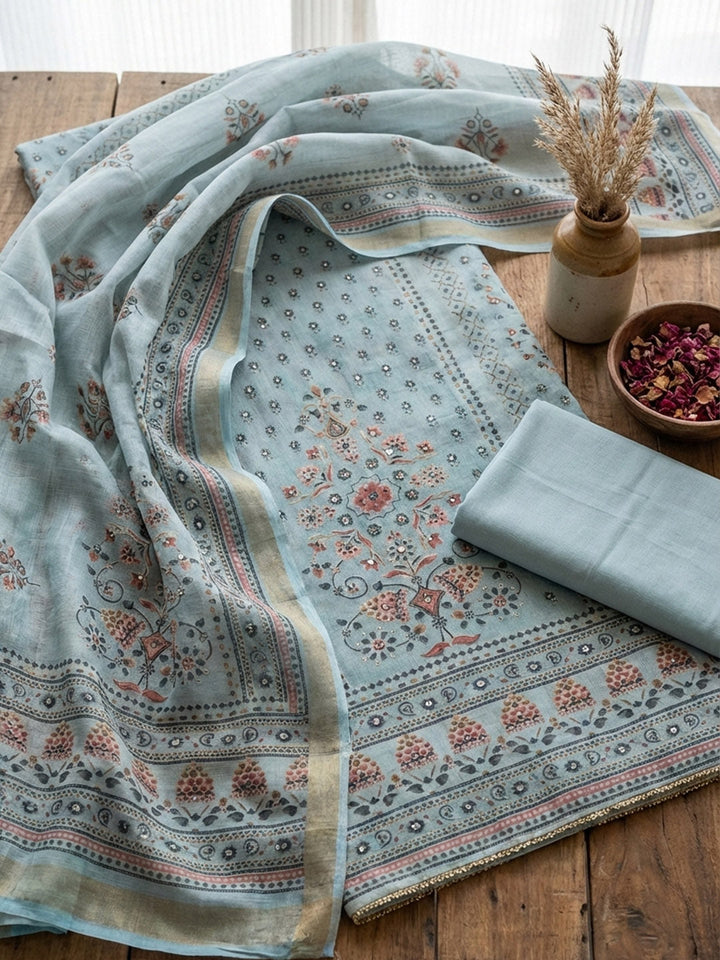 Printed Cotton Blend Unstitched Suit With Pant &amp; Dupatta