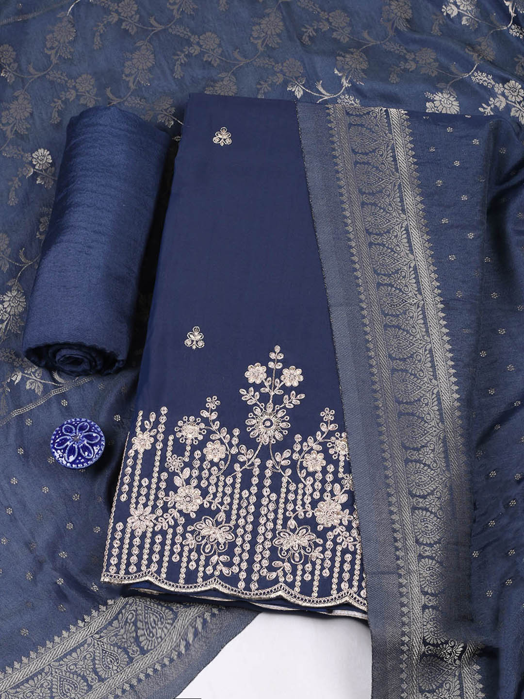 Embroidered Chanderi Unstitched Suit With Pant &amp; Dupatta