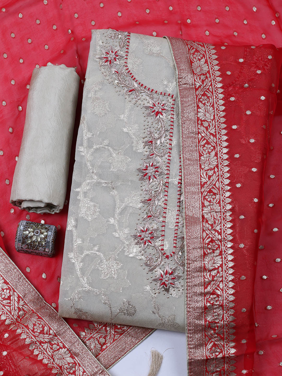 Embroidered Chanderi Unstitched Suit With Pant &amp; Dupatta