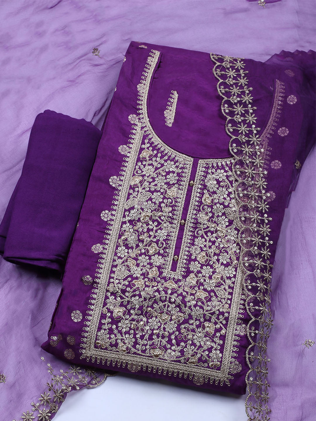 Neck Embroidered Chanderi Unstitched Suit With Dupatta