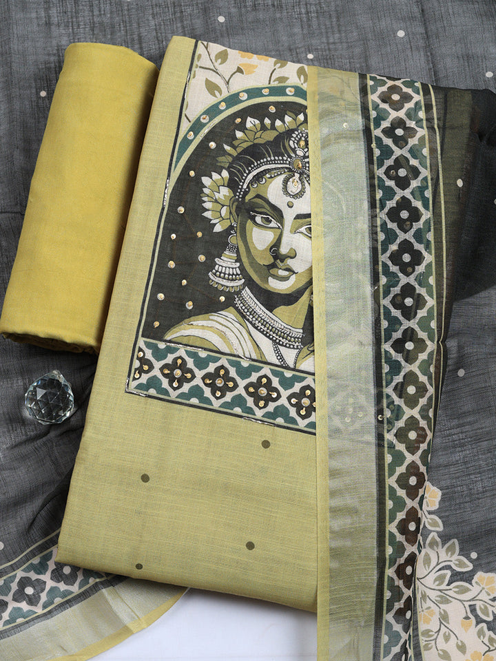 Printed Linen Blend Unstitched Suit With Pant &amp; Dupatta