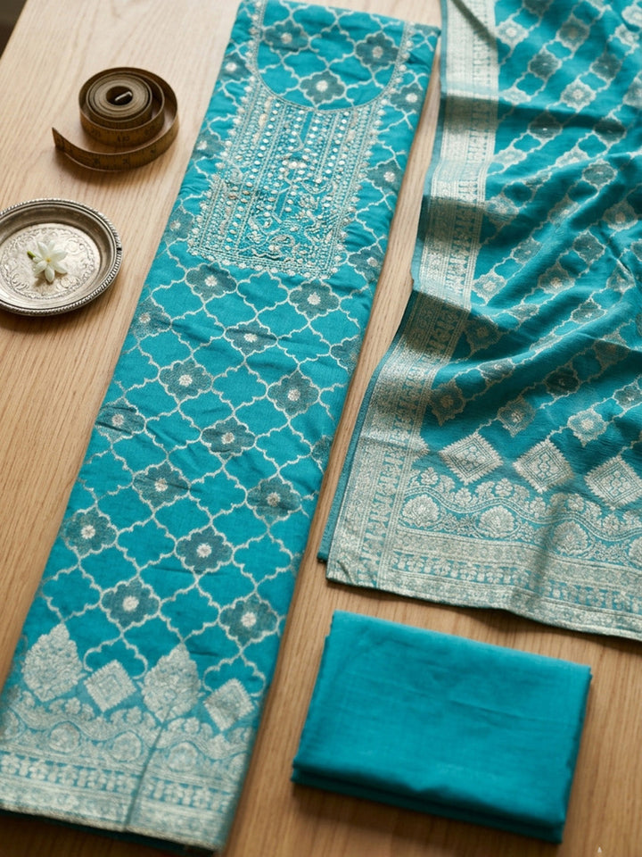 Embroidered Chanderi Unstitched Suit With Pant &amp; Dupatta