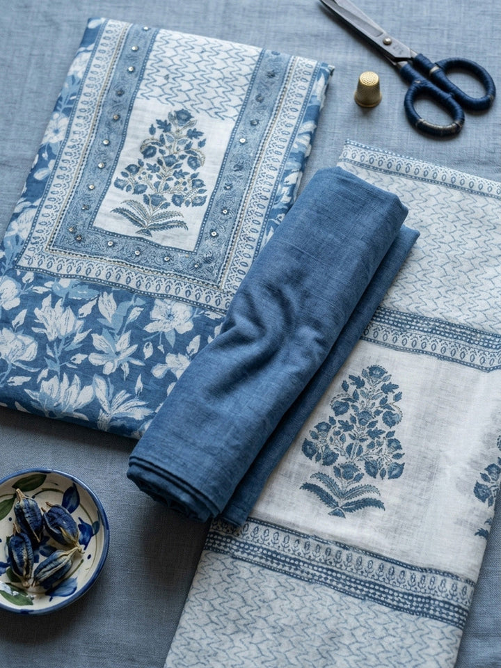Printed Cotton Blend Unstitched Suit With Pant &amp; Dupatta