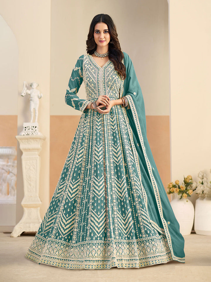 Embroidered Geogrette Semi Stitched Gown With Pant &amp; Dupatta