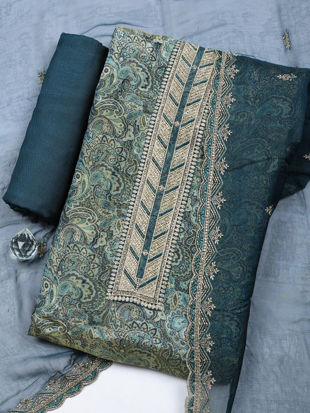 Embroidered Tissue Unstitched Suit With Pant &amp; Dupatta