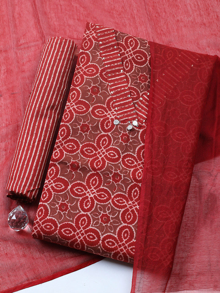 Embroidered Cotton Blend Unstitched Suit With Pant &amp; Dupatta