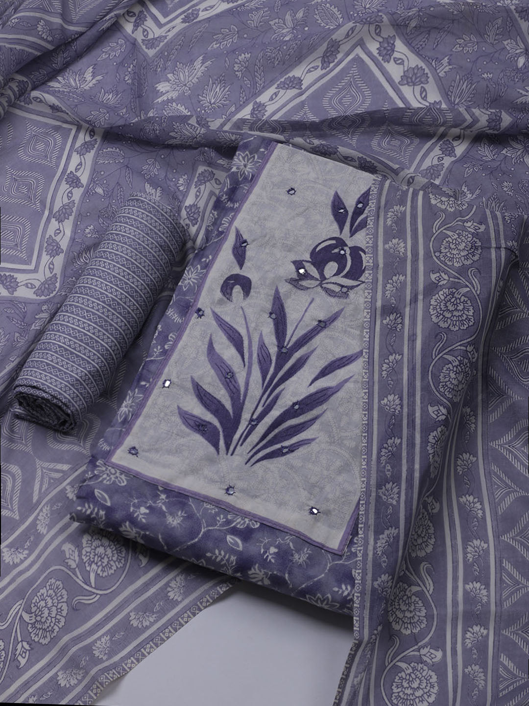 Printed Cotton Blend Unstitched Suit With Dupatta