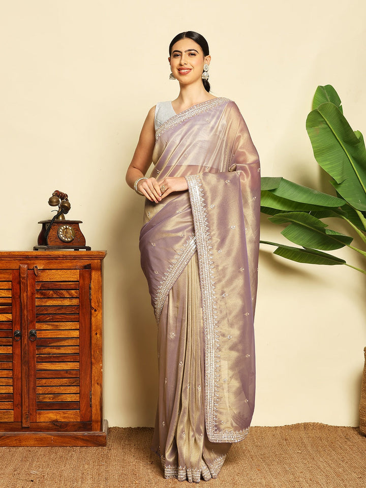 Stone &amp; Sequin Embroidered Tissue Saree
