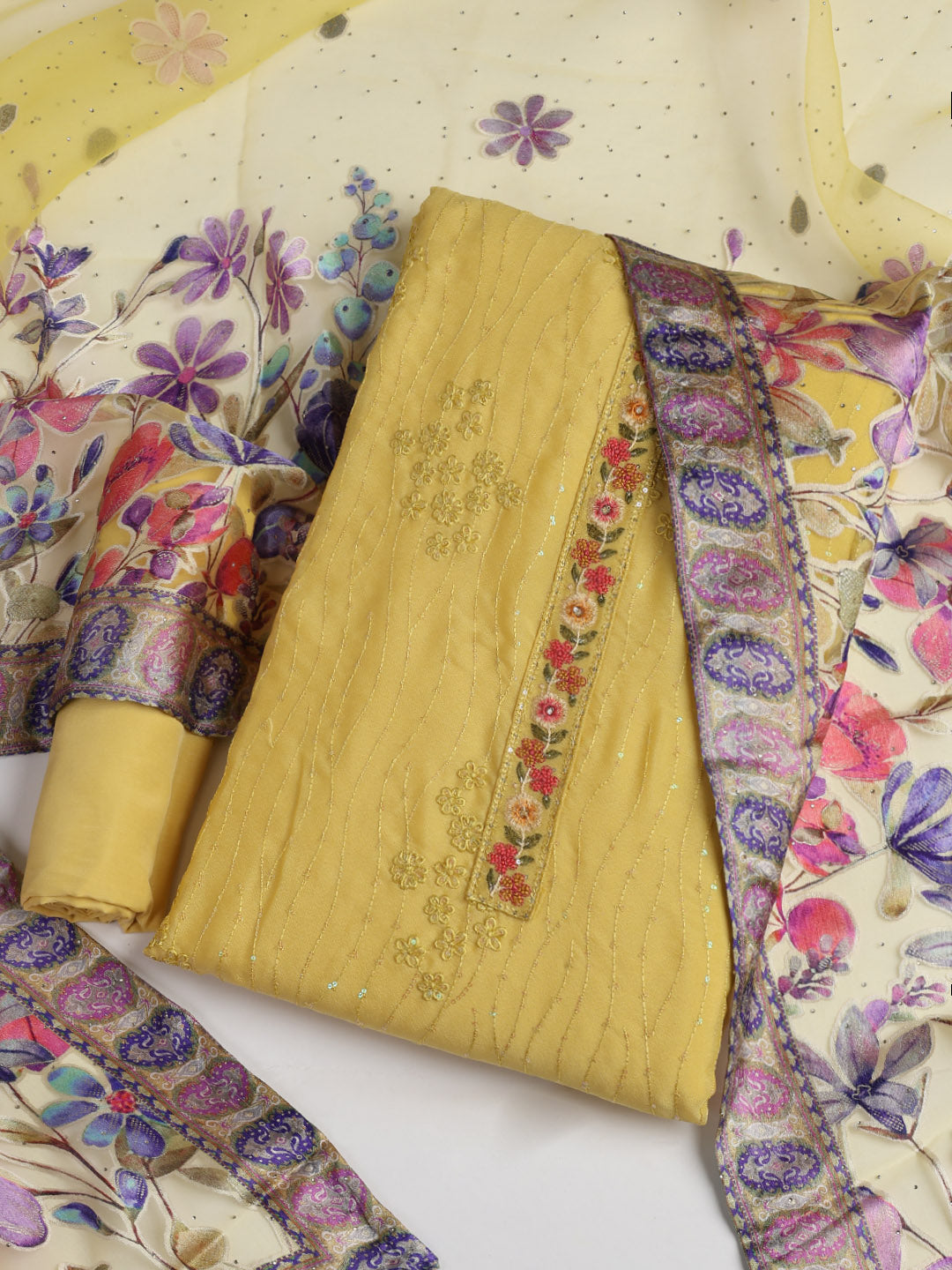 Embroidered Chinon Unstitched Suit With Dupatta