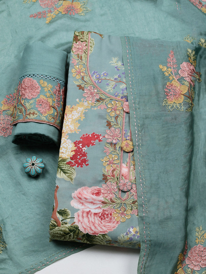 Embroidered Muslin Unstitched Suit With Pant &amp; Dupatta