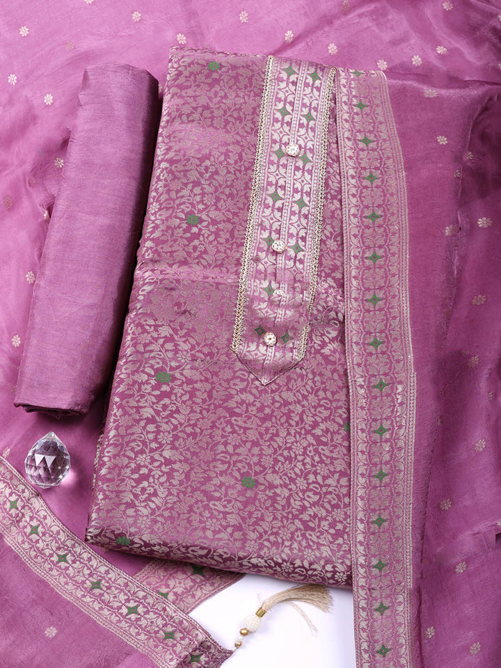 Embroidered Chanderi Unstitched Suit With Pant &amp; Dupatta