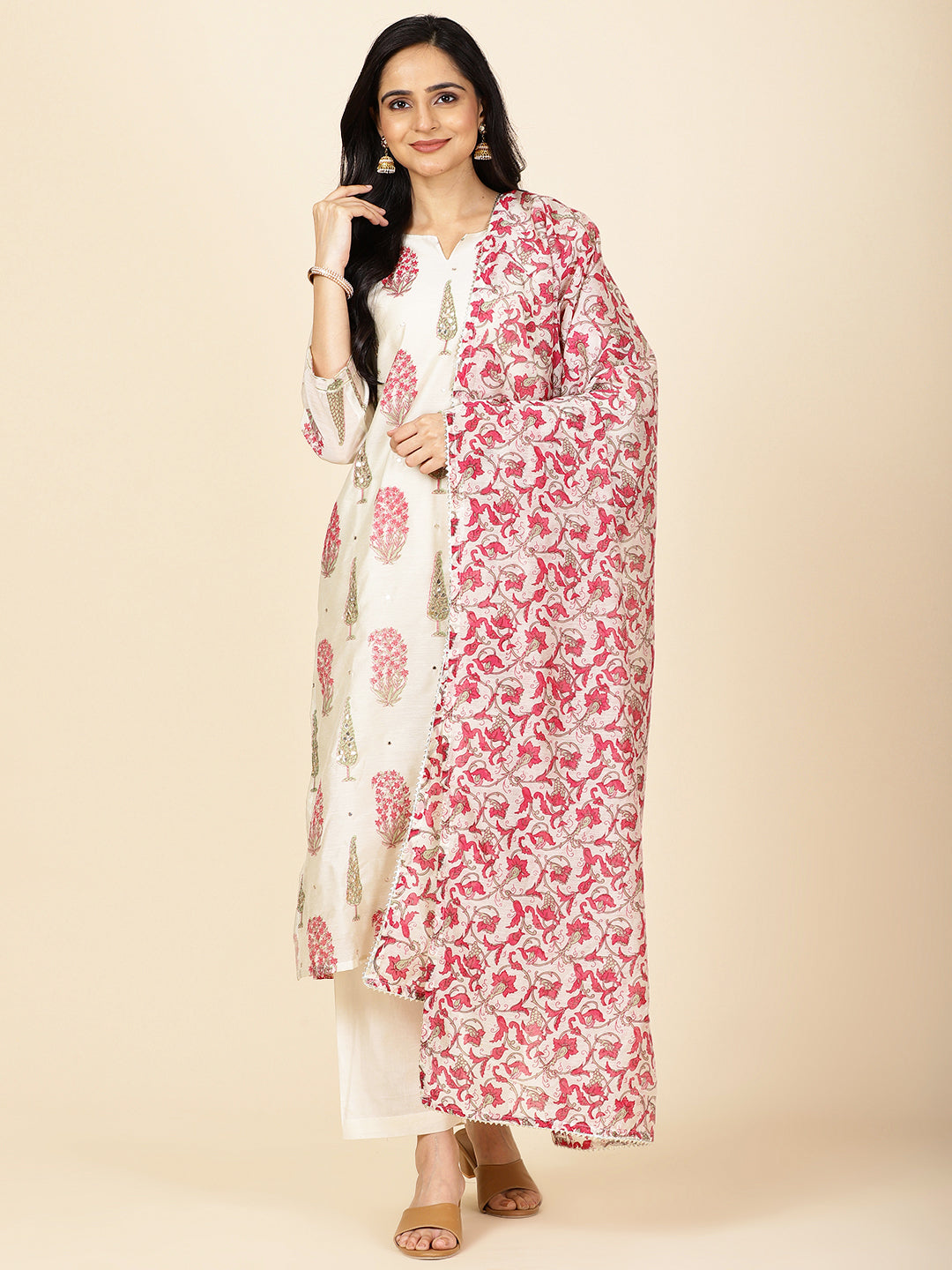 Floral Printed Chanderi Kurta With Pants & Dupatta