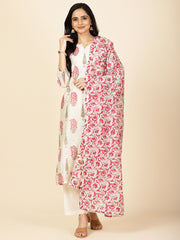 Floral Printed Chanderi Kurta With Pants & Dupatta
