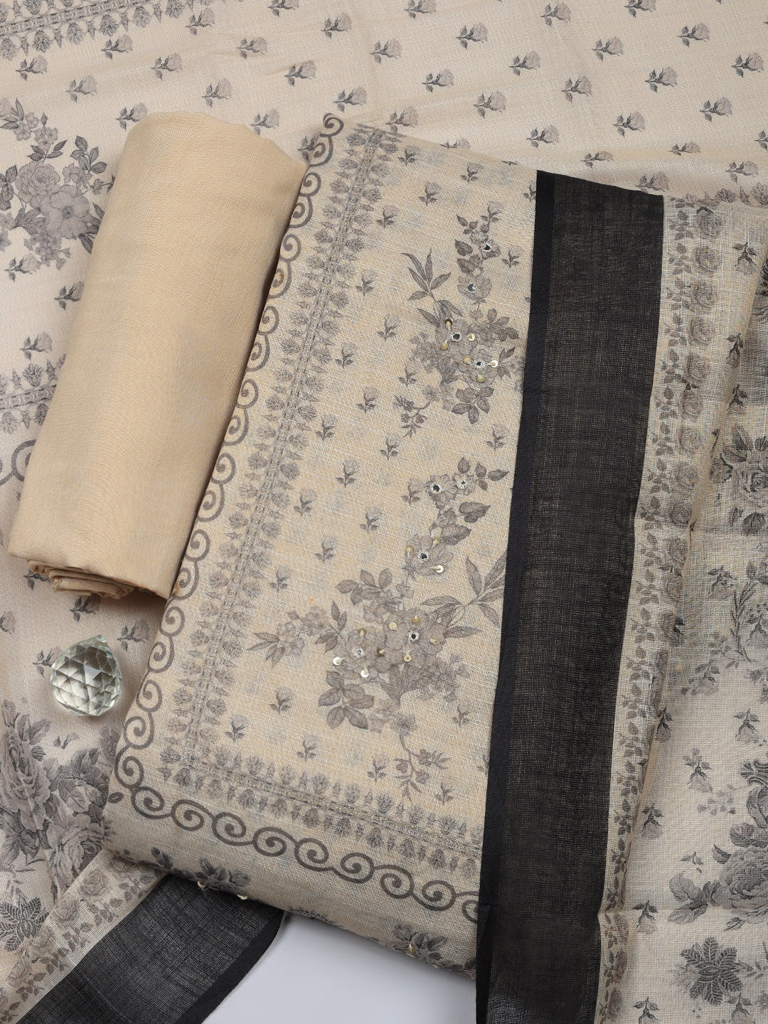 Embroidered Linen Blend Unstitched Suit With Pant &amp; Dupatta